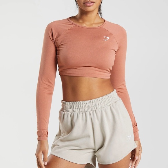 GYMSHARK TRAINING LONG SLEEVE CROP TOP SIZE XS TOFFEE BROWN RUST - Picture 1 of 6